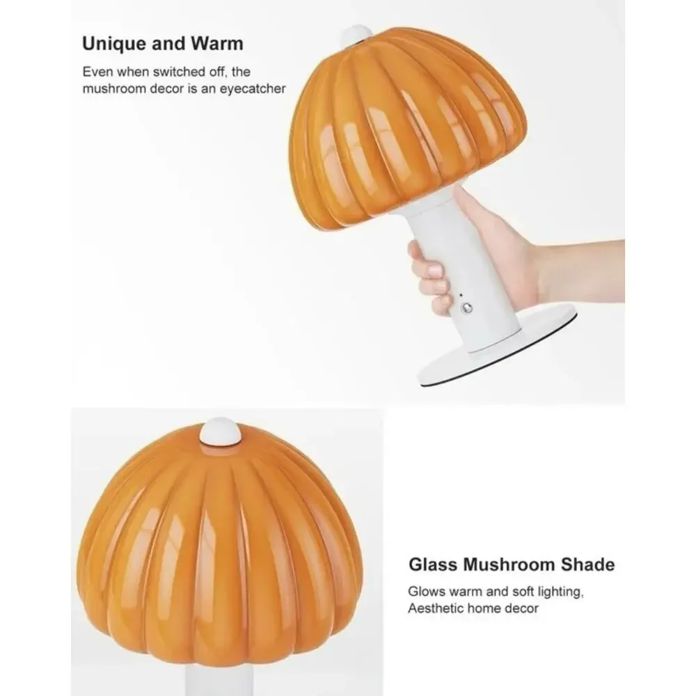 Cordless Mushroom Glass Table Lamp Orange Touch 3-Color LED Rechargeable 7.8”